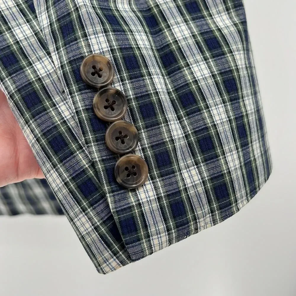 J. Crew Men's Two Button Plaid Blazer - Blue/Green/White - Medium